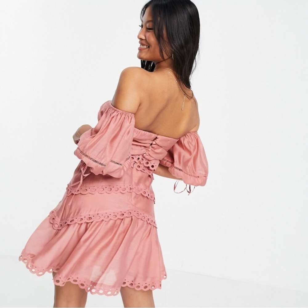 ASOS Off The Shoulder Coquette Voile Mini Dress With Lace - Picture 2 of 10
